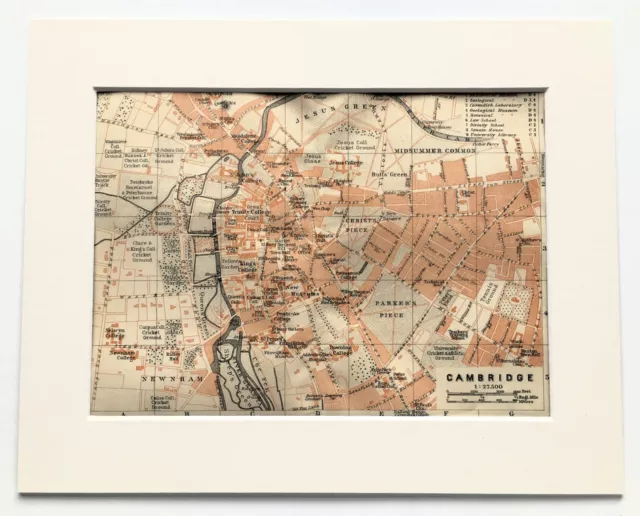 CAMBRIDGE 1910 ANTIKER STADTPLAN Farbkarte - montiert für Rahmen