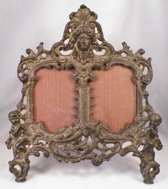 Cherubs Picture Frame Double Photo Gold Cast Metal Eros Figural Antique