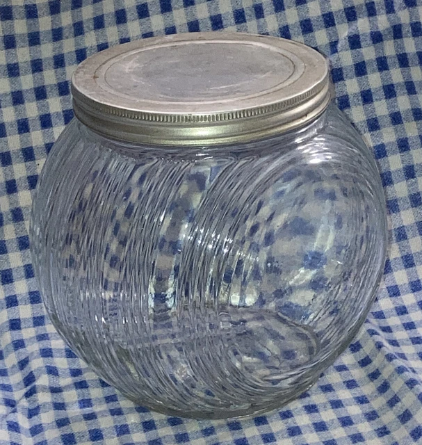 Medium size Sellers Hoosier Cabinet Triple Skip Glass Canister w/ Screw Lid, EXC