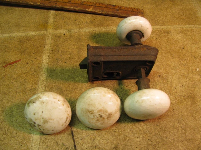 4 Vintage White Porcelain Door Knobs with Lock Assembly
