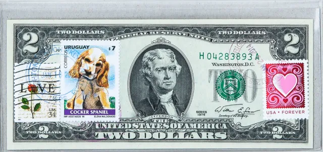1976 2 Two Dollar Bill Unc Federal Reserve Bank Notes USPS Forever Stamp Spaniel