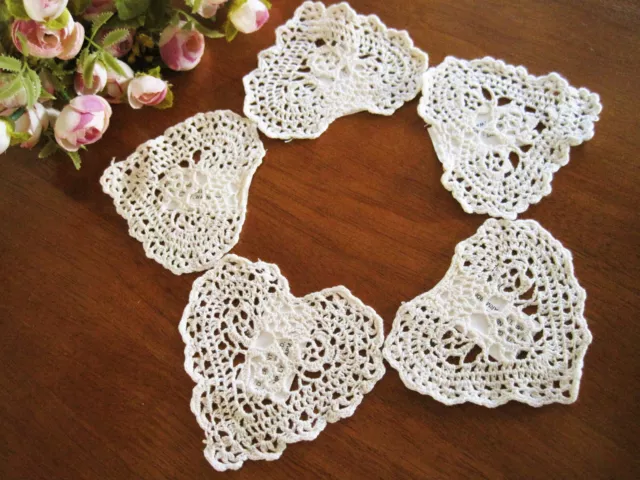 FIVE Chic Hand Crochet Heart Shape Cotton Doily Ecru 4" 3