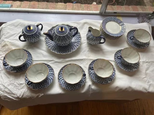 Lomonosov Cobalt Net Russian Imperial Porcelain Tea & Coffee Set - 22 Pcs.