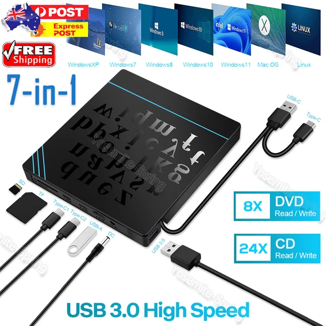 7 in 1 External Drive USB 3.0 Type C Portable Burner CD RW DVD ROM Reader Writer