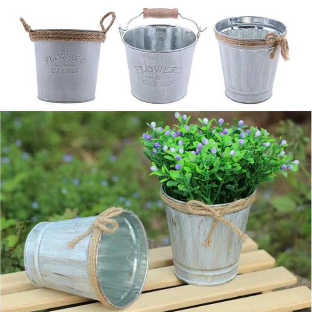 Secchio Zincato Vintage Rotondo Con Scritta 'Jardin Des Roses' E Manico In Legno – Vaso Per Fiori