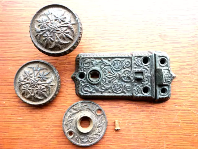Antique Ornate Victorian Iron Screen Door Lock &  Knobs & Plates Set c1885