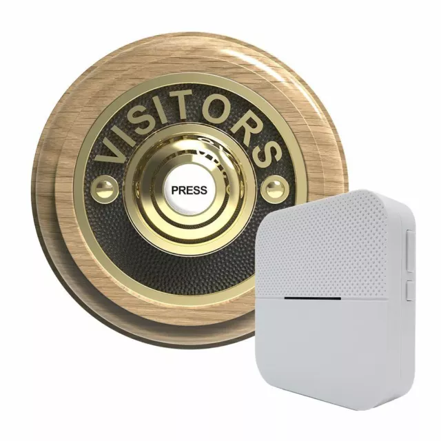 Traditional Round Wireless Doorbell VISITORS in Natural Oak and Brass Plug In F5