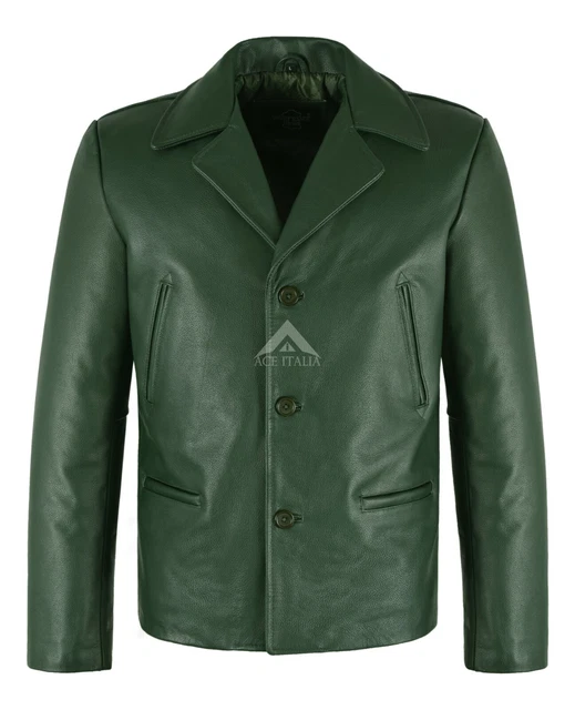 MEN'S 70'S JACKET Green Classic Collared Blazer Real Cowhide Leather