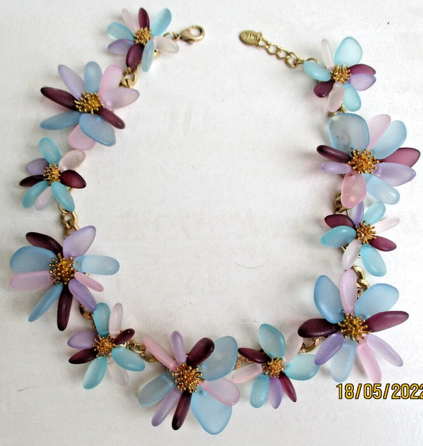 Collier Vintage DLH Déposé Années 70 - Métal Argenté/vert Pâle - Longueur 46-50 Cm - Occasion