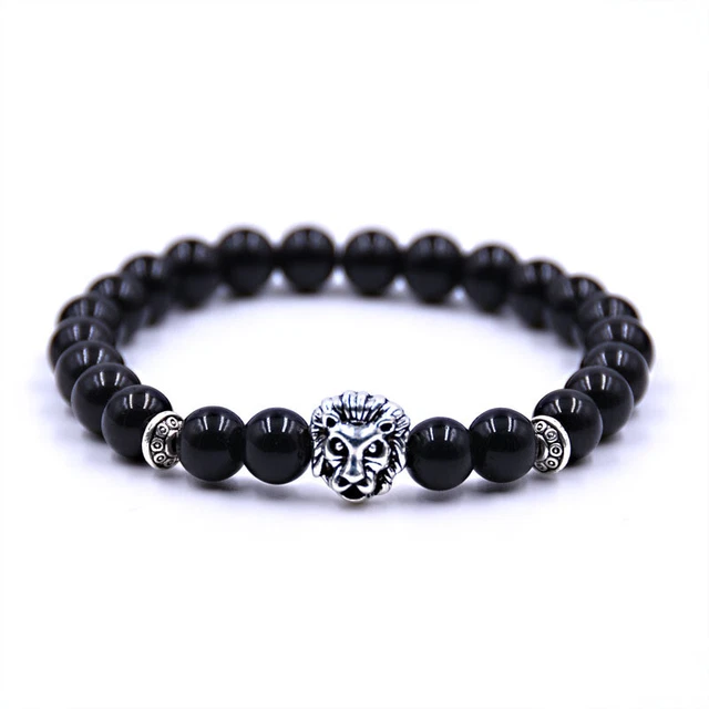 Natural Stone Hand String Lion Head Beaded Bracelet Hematite Spacer Bead Jewelry
