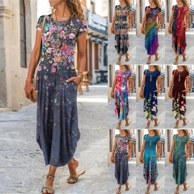 Boho Damen Sommer Blumenmuster Maxikleid Sommerkleid Urlaub Übergröße Kleider ☀