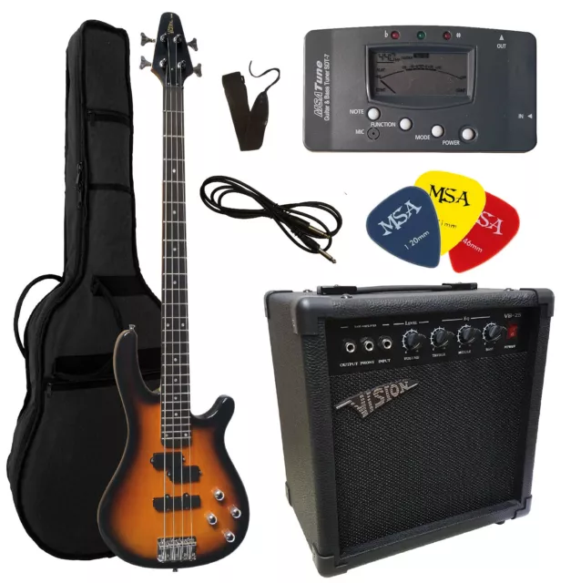 E Bass Set - Elektrobass Sunburst + Verstärker 45 Watt + Gigbag + Zubehör Jb10