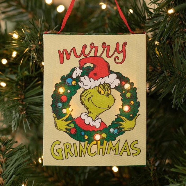 DR SEUSS THE Grinch Merry Grinchmas Light Up Canvas Xmas Tree Ornament ...