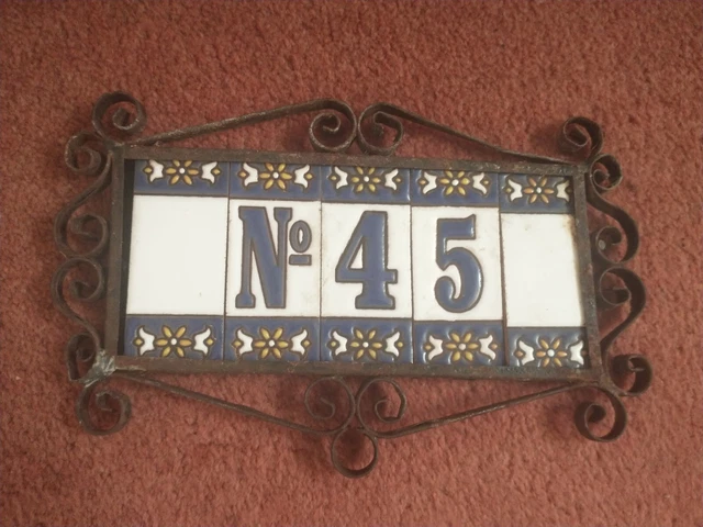 No. 45 Spanish Ceramic Blue Floral Number Address Tiles & Metal Frames