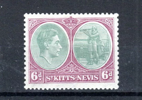 St Kitts-Nevis 1938-50 6d KGVI Columbus break in oval variety SG 14 MLH