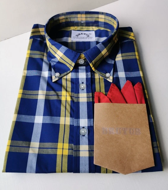 Camicia classica Brutus Trimfit blu, gialla e bianca a scacchi taglia XXL mod skinhead
