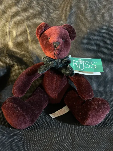Russ Berrie Bear -Razzles - Hand Crafted Teddy Bear Maroon With Black Bow.