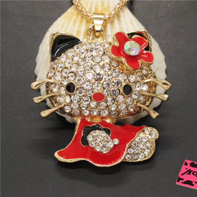 Hot Red Enamel Kitty Cat Crystal Animal Betsey Johnson Pendant Chain Necklace