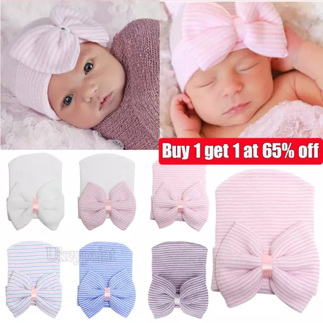 Newborn Baby Girls Infant Striped Soft Hat with Bow Cap Hospital Beanie Headband