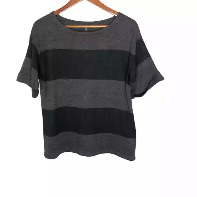 Eileen Fisher 100% merino wool striped gray black short sleeve top small FLAWS