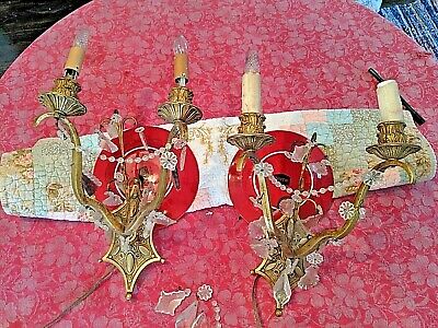 Pair Gorgeous Antique Ornate Gilt Bronze & Crystal French 2 Light Wall Sconces