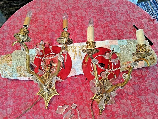 Pair Gorgeous Antique Ornate Gilt Bronze & Crystal French 2 Light Wall Sconces