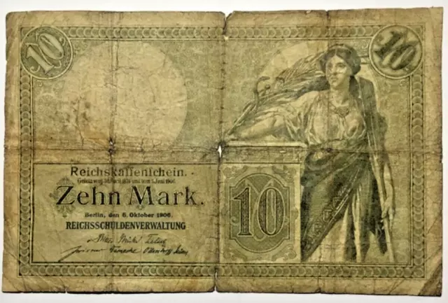 Deutsches Reich 10 Mark 1906 Papiergeld Banknoten Geldschein echt gelaufen