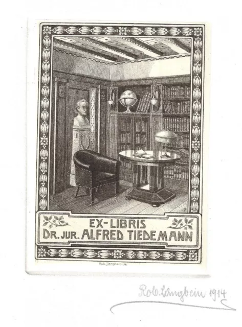 ROBERT LANGBEIN: Exlibris für Dr. Alfred Tiedemann, 1914, Lesezimmer