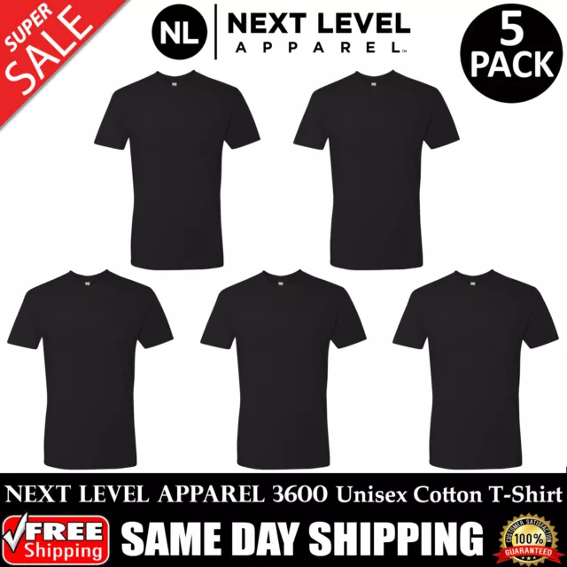 5 PACK OF NEXT LEVEL PLAIN Mens Black T Shirt Blank Cotton T-Shirt Tee 3600 S-XL