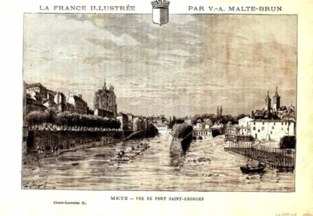 GRAVURE SUR BOIS PAR MALTE BRUN 19ème METZ VUE PORT SAINT GEORGES
