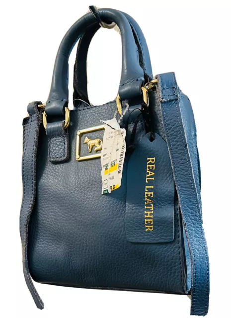Convertible Emma Fox Mini/Small Crossbody Satchel Bag Blue Pebble Leather Gold