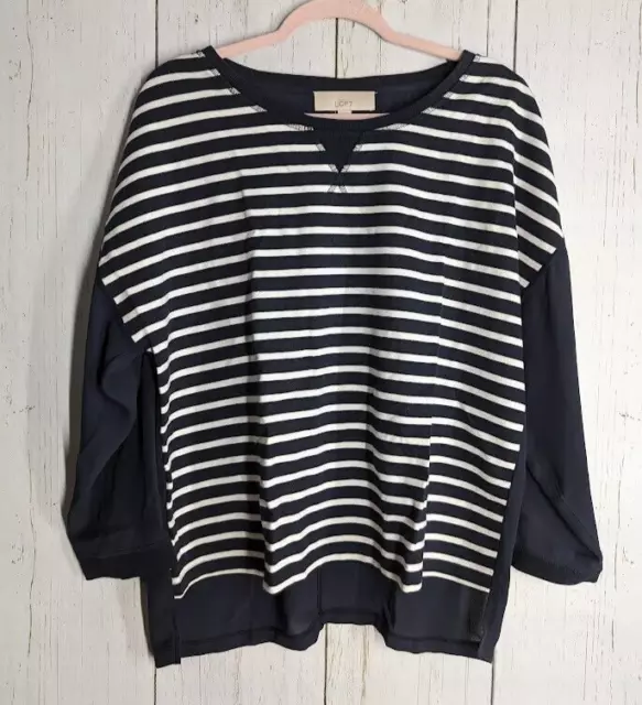 Loft Size Large Dark Blue White Stripe Womens Long Sleeve Semi Sheer Back Shirt