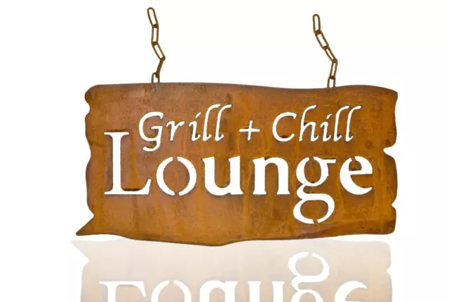 Metall Tafel Grill und Chill Lounge Edelrost aufhängen