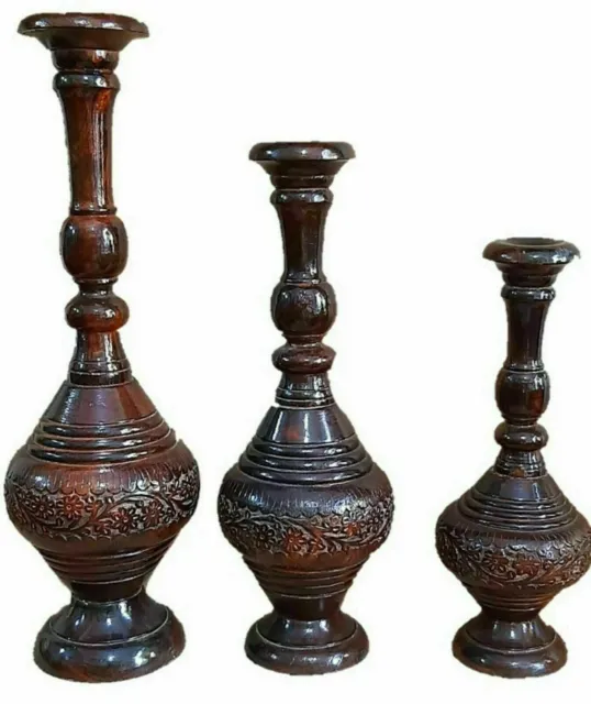 Wooden Beautiful Handicraft Flower Pot Vase Gamla Home Decorative Set Of 3 PC