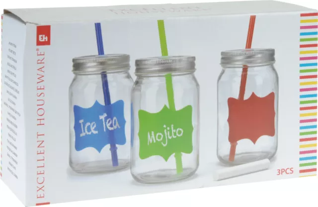 3 X 450ML Clear Glass Jam Jar Drinking Cocktail Summer Glass With Straw and Lid