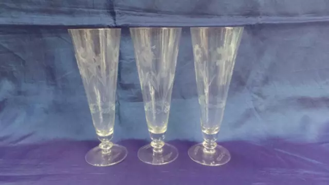 Retro Vintage Bohemia 24% Lead Crystal Hand Etched Champagne Flutes X 3 Czech