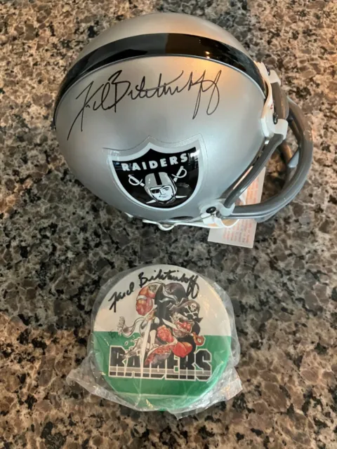Fred Biletnikoff Signed Raiders Mini Helmet W / Display Case & Signed Button