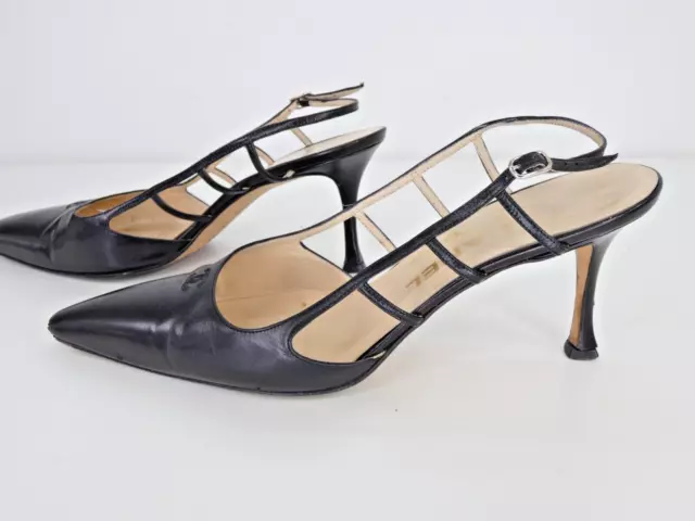 CHANEL HEELS BLACK Leather Vintage Slingback Pointed Toe Cutout