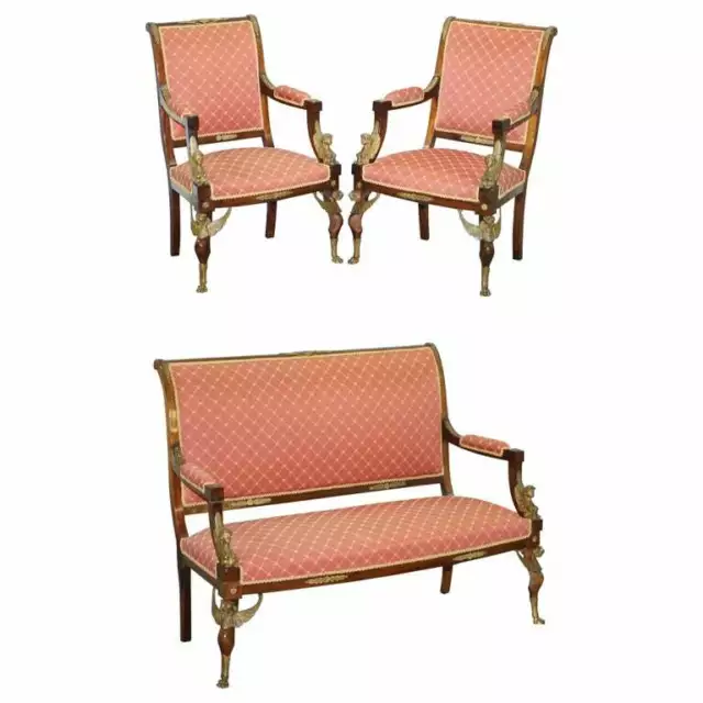 19Th Century French Empire Ormolu Sphinx Egyptian Mahogany Suite Sofa Armchairs