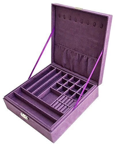 Purple Two-Layer Lint Jewelry Box Organizer Display Storage Case with Lock
