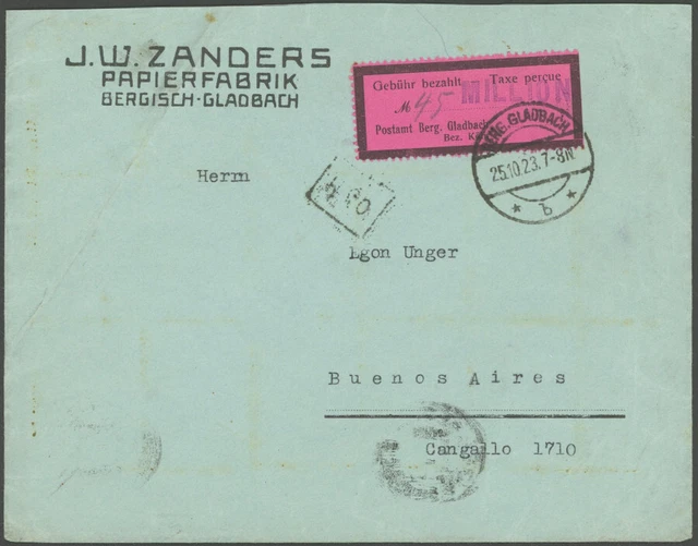 BERGISCH GLADBACH: 1923, 45 Mio., dreiseitig gez. Gebührenzettel,