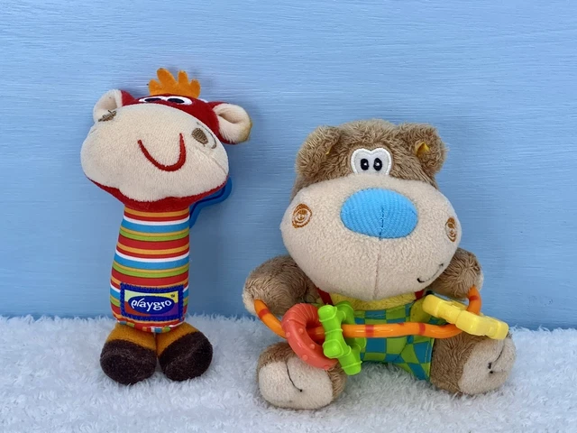 Playgro Red Cow Rattle & Blue Nose Bear Fidget Baby Soft Toy Plush