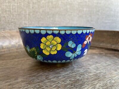 Fine Antique Chinese Qing Blue Cloisonne Enamel Bowl Flowers Scholar Art NICE NR 7