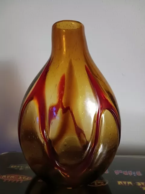 Vintage Amber Art Glass Gourd Vase Red Stringers Hand Blown Dale Tiffany 11.5"