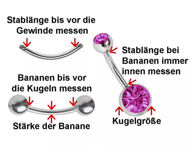 Titan Bauchnabel Piercing Schmuck Banane mit 2 Glitzer Kristall Kugeln in 8/5mm 3