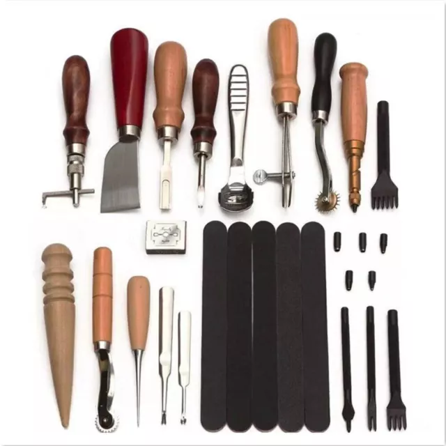 37Pcs Leather Craft Tools Kit Stitching Sewing Stamping Punch Carving Work DIY