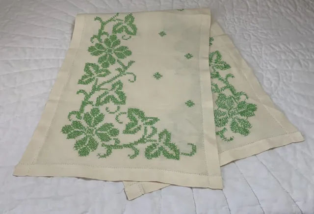 Vintage Dresser Scarf, Linen, Cross Stitch Embroidery, Flower & Leaf Design