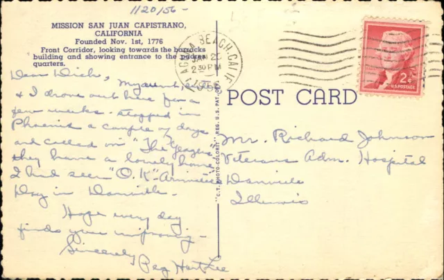 MISSION SAN JUAN Capistrano front corridor California CA ~ mailed 1956 ...