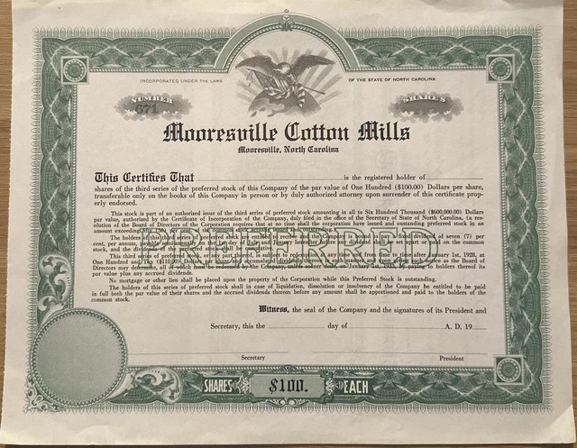 Mooresville Cotton Mills Preferred Stock Certificate North Carolina