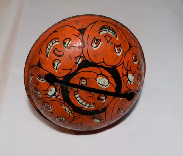 Vintage Metal Halloween Noisemaker w/Jack-O-Lantern,Wood Handle, 4"w x 5"l , USA